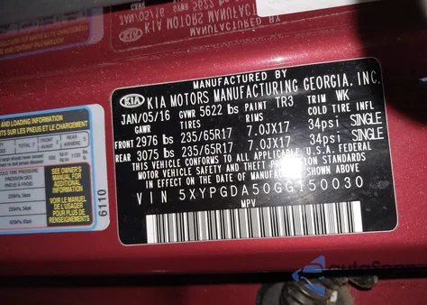 2016 Kia Sorento 3.3L Lx from USA, damaged, VIN 5XYPGDA50GG150030